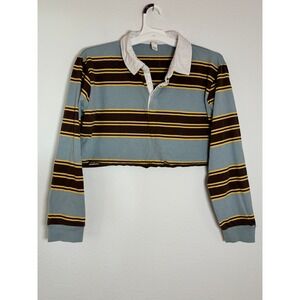 Full Tilt Cropped Rugby Shirt Blue Brown Striped Long Sleeve Polo XL